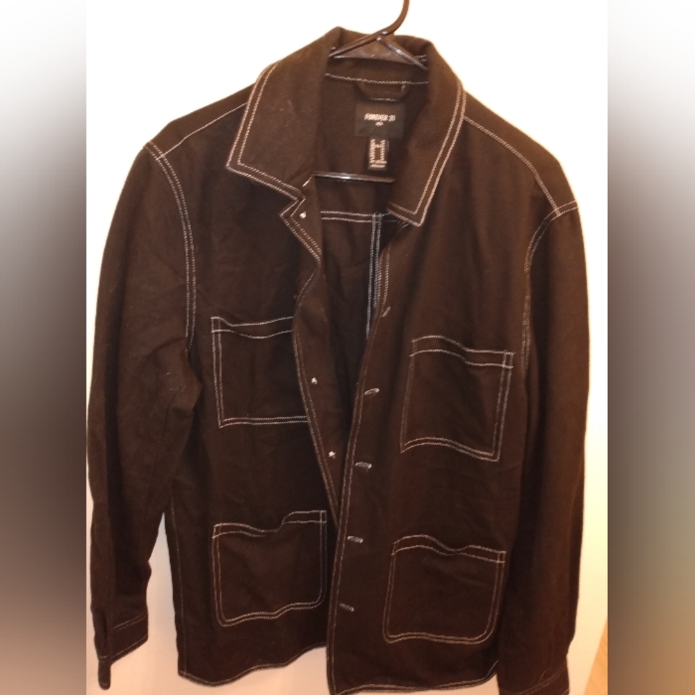 Forever 21 Men's Denim Jacket Black with White Stitching